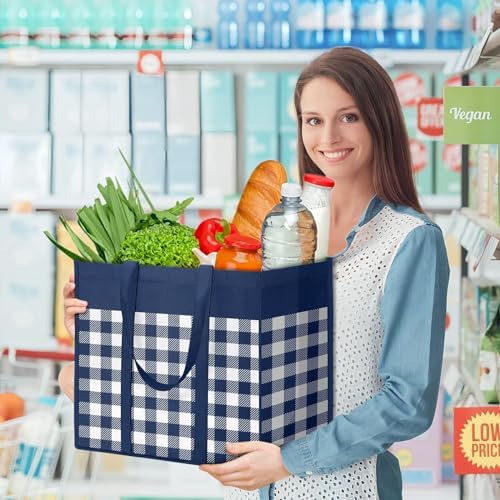 WOWBOX Reusable Grocery Bags,10-Pack, Foldable Reusable Shopping Tote Bags bulk with Reinforced Handles,Large Storage Bags with Water Resistant Coating for Groceries,Multipurpose,Blue-White - Image 3