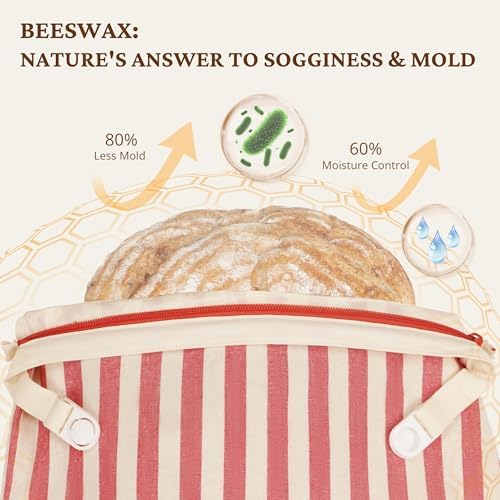 BRONYPRO Reusable Beeswax and Linen Bread Bags with Zipper, 2-Pack Waxed Bread Bags for Homemade Bread & Sourdough, Sustainable Loaf Storage to Lock in Freshness, Large 17x12.6in, Red Stripe - Image 4