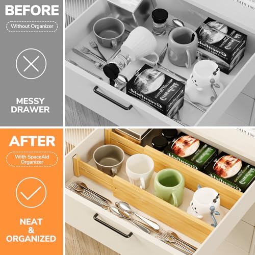 BAMEOS Bamboo Expandable Drawer Dividers – Fits 13.3"–19" Drawers, 3" Deep Walls, Set of 4 | Spring-Loaded Separator for Deep Kitchen & Bathroom Drawers, Prevents Items Falling Over - Image 7