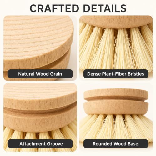 Natural Bristle Dish Brush Refill Heads, 3 Pack, Heads Only - Image 4