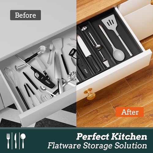 Bamboo Expandable Silverware Drawer Organizer 11 Slots Utensil Holder Black - Image 7