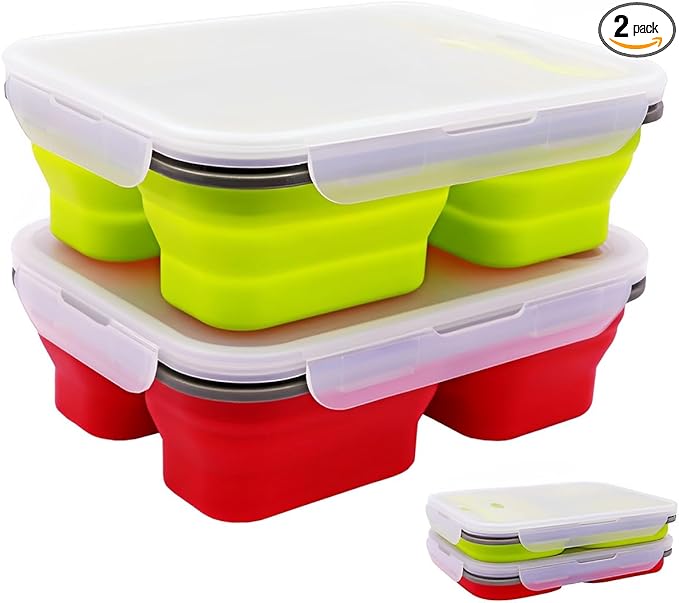 2 Pack Big Size Collapsible Silicone Bento Lunch Boxes With Lids spoons forks,3 Compartments, Divided Lunch Food Storage Containers, Safe in Microwave, Dishwasher and Freezer, 45.6oz, BPA Free