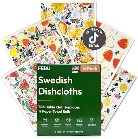 FEBU Swedish Dishcloths for Kitchen, 5 Pack, Fruit Pattern by FEBU