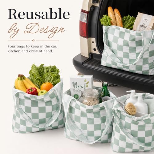 Checkered Reusable Grocery Shopping Bags 4 Packs, Cute Checkerboard Foldable Kitchen Large Nano Tote Bags - Image 7