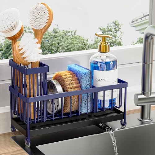 Cisily Sponge Holder for Kitchen Sink, Sink Caddy Organizer with High Brush Holder, Kitchen Countertop Organizers and Storage Essentials, Rustproof 304 Stainless Steel (Navy Blue, 9.25″) by CISILYHOMELIFE