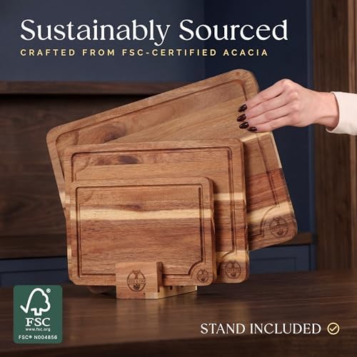 Deer & Oak Non Toxic 3-Piece Acacia Cutting Board Set with Stand - Image 4