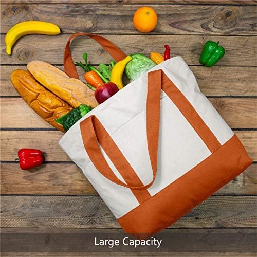 TOPDesign 1-Pack Canvas Tote Bag with an External Pocket, Reusable Grocery Shopping Bag, Top Zipper Closure, Daily Essentials (Orange/Natural) - Image 4