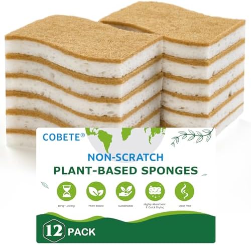 COBETE 12 Pack Natural Biodegradable Kitchen Non Scratch Sponges,Compostable Plant Based Coconut Cellulose Sponge,Eco Friendly Reusable Dish Scrubber Sponge for Pots, Pans & Household Cleaning by COBETE