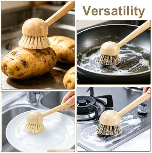 2 Pack Natural Kitchen Dish Brushes with Sisal & Palm Bristles, Long Bamboo Handle Scrubber for Dishes, Cast Iron Pans Pots and Vegetable Cleaning - Image 6