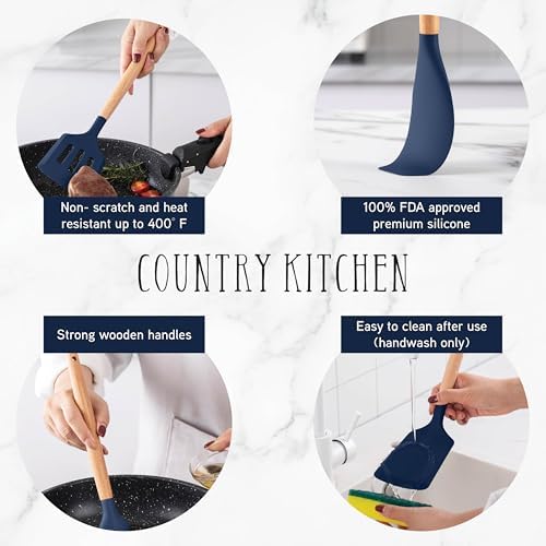 Country Kitchen Non Stick Silicone Utensil Set with Rounded Wood Handles for Cooking and Baking, 14 Piece Set, Navy - Image 5