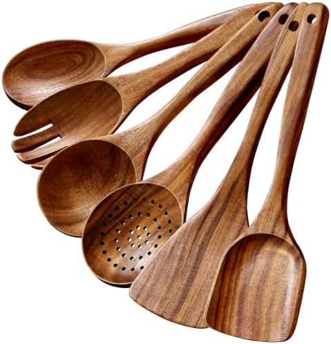 6-Piece Natural Teak Wooden Utensils Set, Wooden Spoons Set for Cooking - Heat Resistant, Natural Healthy Spatula Set with Hanging Holes - Durable, Scratch-Free & Handcrafted by Unknown