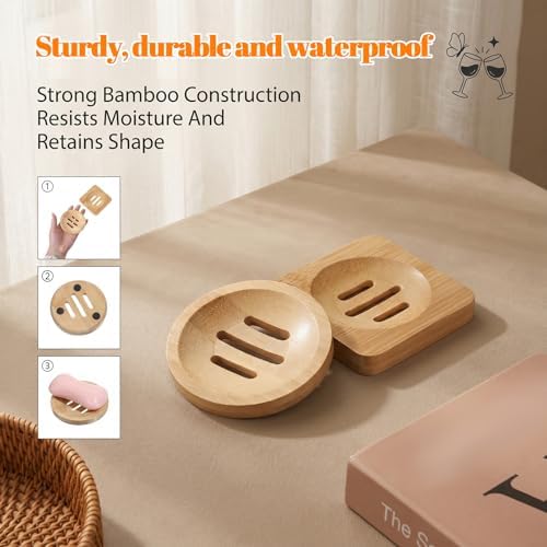 Grevosea 2 Pack Bamboo Soap Dish, Wooden Soap Holder Wood Bar Soap Holder Self Draining Soap Dish Tray for Shower Sink Bathtub Home Kitchen Bathroom Accessories (Round and Square) - Image 3