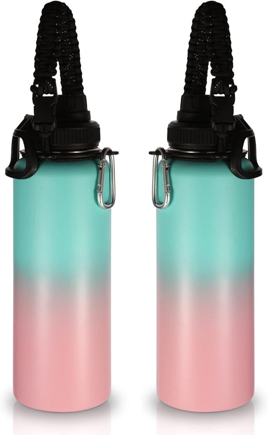 Volhoply Insulated Water Bottles Bulk 2 Pack, 40 oz Stainless Steel Sports Bottle with Paracord Handle & Spout Lid,Double Walled Vacuum Travel Water Cups with Wide Mouth Hiking(Green Pink,2 Set)