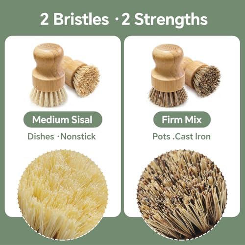 Bamboo Dish Brush Set, 4 Pack, Plastic-Free (2 Medium Sisal, 2 Firm Coconut Coir), Dish Scrubber & Vegetable Brush for Cast Iron, Nonstick - Image 3