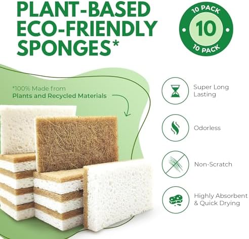 10 Pack Biodegradable Natural Kitchen Sponge - Compostable Cellulose and Coconut Walnut Scrubber Sponge - Eco Friendly Sponges for Dishes - Image 2