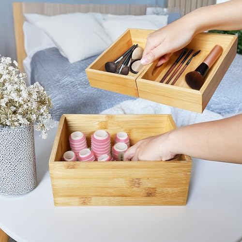 HOMESTEAD 3-Piece Stackable Bamboo Storage Box, Large Storage Bin, Wooden Boxes for Makeup Drawer Organizer Bathroom, Office Supplies, Kitchen Utensils, Bamboo Storage Containers (Medium) - Image 6