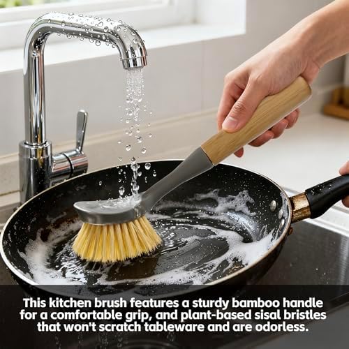 2 Pack Kitchen Dish Scrub Brushes with Bamboo Handle,Pot Cleaning Brushes - Image 3