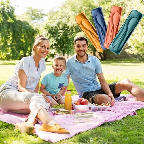 Travel Utensils with Case, 4 Sets Reusable Utensils Set with Case, Wheat Straw Utensils for Lunch Box Accessories, Camping Utensil Set for School Work Lunch or Daily Use - Image 5