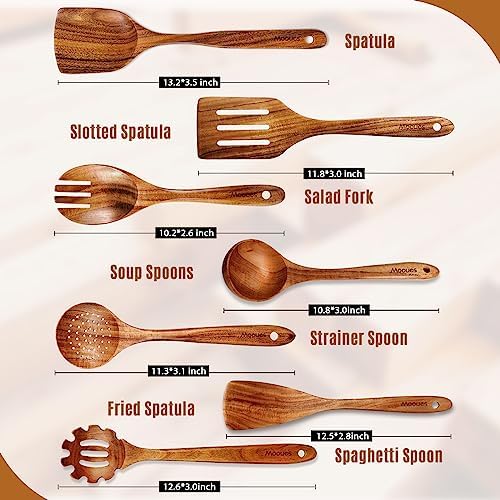 Mooues Wooden Kitchen Utensil Set, 12 Piece Natural Teak with Spoon Rest - Image 6