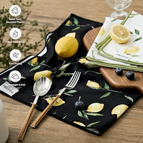 RECYCO Waffle Kitchen Towel Set of 2 - Quick Dry Microfiber Sustainable Dish Towels - Ultra Absorbent Reusable Cleaning Tea Towels - Lightweight Hand Towels,16”x 28”, Lemon Grove - Image 2