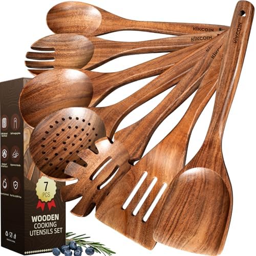 Kikcoin 7 PCS Durable Natural Teak Wooden Cooking Utensils Set, Non Toxic Wooden Spoons for Cooking, Wooden Utensil Set for Cooking with Comfort Grip, Nonstick & Easy to Clean Wood Kitchen Utensil Set by Kikcoin