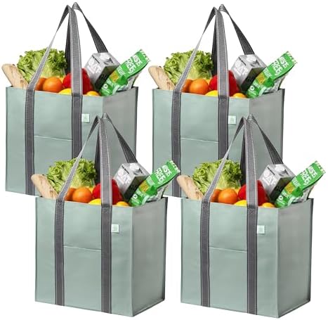VENO 4 Pack Large Grocery Bag Reusable Shopping Bags with Hard Bottom by Veno