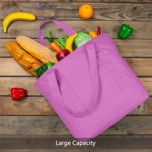 TOPDesign 6-Pack Canvas Tote Bags with an External Pocket, Reusable Grocery Shopping Bags, Top Zipper Closure, Daily Essentials (Light Purple) - Image 3