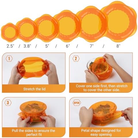 Silicone Stretch Lids for Food Storage in Fridge, Reusable Elastic Bowl Covers for Cup, Cans, Jars, Round & Rectangle Container, Food Grade Silicone Microwave Food Cover, Orange, 6PCS - Image 7