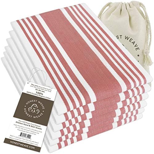 HONEST WEAVE GOTS Certified Organic Cotton Kitchen Hand and Dish Towel Sets - Oversized 20x30 inches, Fully Hemmed, in Designer Colors, 6-Pack, Coral Stripe by HonestWeave