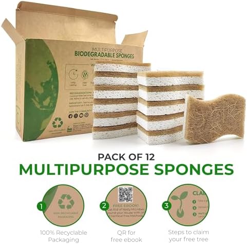 AIRNEX Natural Kitchen Sponges (12 Pack) - Biodegradable Cellulose & Coconut Scrubber Dish Sponges for Kitchen - Eco-Friendly, Non Scratch, Compostable, Non Toxic S-Shaped Natural Sponges for Dishes - Image 4