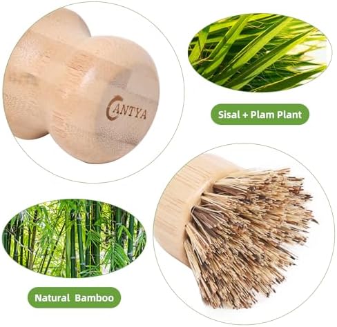 6 Packs Bamboo Dish Scrubber - Hard Bristle Natural Bristle Brush Union Fiber and Tampico Fiber Bamboo Dish Brush for Washing Cast Iron Pan/Pot - Image 3