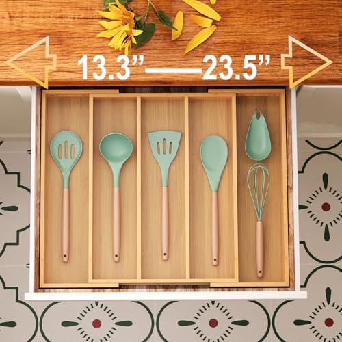 Fibogollo Expandable Bamboo Silverware Organizer, Kitchen Drawer Organizer - Image 3