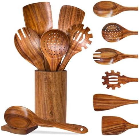 8 Pcs Teak Wooden Utensils Set, Wooden Spoons for Cooking by Vorisebo