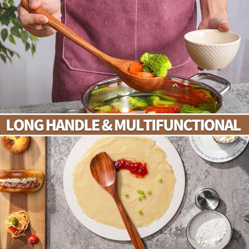 Gudamaye 13 inch Long Wooden Spoons for Cooking, 9 PCS Natural Teak Wooden Kitchen Utensil Set with Utensils Holder Made of Australia Camphor Laurel Wood，Wooden Utensils for Cooking - Image 4