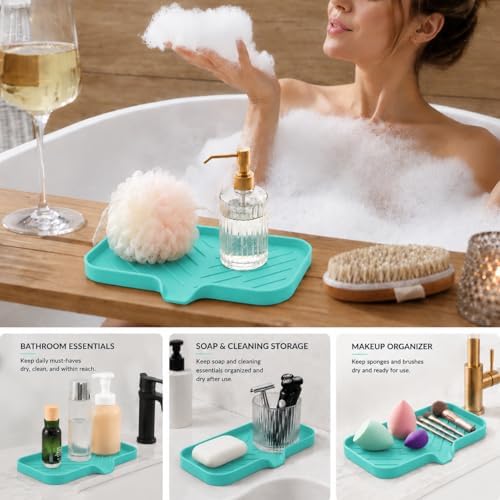 MicoYang Silicone Soap Dish with Drain Spout — Self-Draining Sink Organizer Tray for Bathroom & Kitchen, Sponges, Dispensers & Soap Holder, Non-Slip & Dishwasher Safe, Mint (Medium, 9.6"×5.3") - Image 4