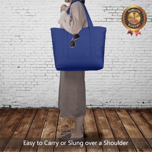 TOPDesign 3-Pack Canvas Tote Bags with an External Pocket, Reusable Grocery Shopping Bags, Top Zipper Closure, Daily Essentials (Blue) - Image 2