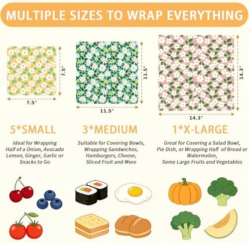 Reusable Beeswax Wrap, Spring Floral Daisy Wraps, 9 Pack Eco-Friendly Beeswax Wraps For Food, Organic, Sustainable, Biodegradable, Zero Waste, Plastic-Free Food Storage, 1XL, 3M, 5S - Image 2
