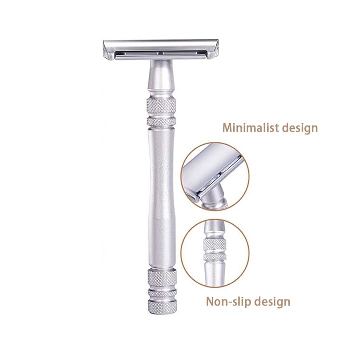 Men's and Women's Manual Razor Safety Razor with 10 Double Edge Blades, Double Edge Razor, Eco-Friendly, Smooth Close Shave, Plastic-Free, Easy to Carry for Traveling at Home (Silver + Base)