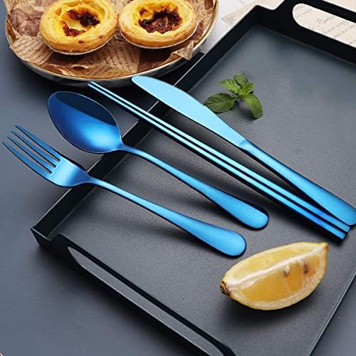 Portable Stainless Steel Flatware Set, Travel Camping Cutlery Set, Portable Utensil Travel Silverware Dinnerware Set with a Waterproof Case (Blue) - Image 6