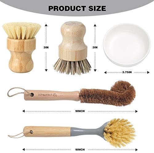 Natural Bamboo Dish Brush Bottle Scrub Brush 4-Piece Set, with Ceramic Soap Dispenser - Wooden Washing Up Brushes with Sturdy Handles for Cleaning Dishes, Pots, Pans, Gift Kit - Image 3