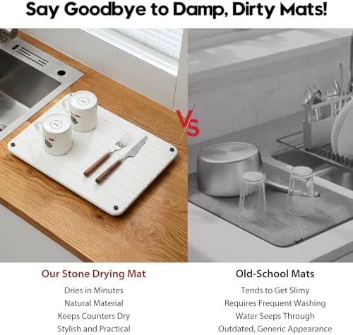 Razborci Stone Dish Drying Mat for Kitchen Counter, Water Absorbing Bathroom Tray Sink Organizer, Diatomaceous Earth Countertop Dish Rack Riser Sponge Holder Soap Dish, White, 16" x 12" - Image 7