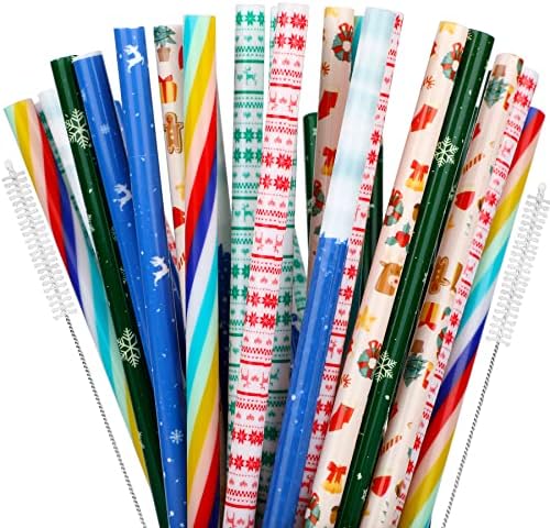 JANYUN 40 Pieces Christmas Straws, BPA-Free 9" Printing Hard Platic Xmas Reusable Drinking Straws for Family or Party Favors Supplies Cleaning Brush Included by JANYUN