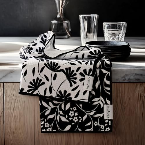 RECYCO Waffle Kitchen Towel Set of 2 - Quick Dry Microfiber Sustainable Dish Towels - Ultra Absorbent Reusable Cleaning Tea Towels - Lightweight Hand Towels,16”x 28”, Black & White Florals by RECYCOHOMECOLLECTION