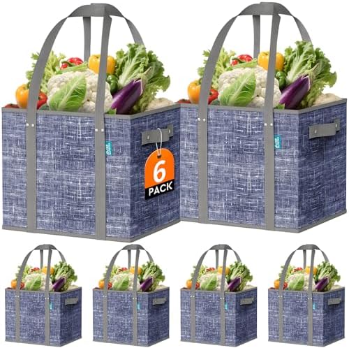 Fab totes Reusable Grocery Bags, Large Foldable Shopping Tote Bags with Reinforced Handles & Hard Bottom,6 Pack,Blue by Fabtotes