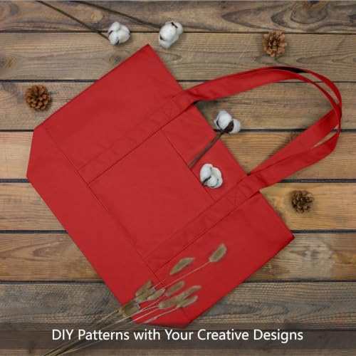 TOPDesign 3-Pack Canvas Tote Bags with an External Pocket, Reusable Grocery Shopping Bags, Top Zipper Closure, Daily Essentials (Red) - Image 4