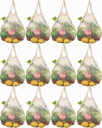 Eccliy 12 Pcs Reusable Mesh Grocery Bags Portable Cotton Produce Containers Washable Net Mesh Tote Bag Handle String Shopping(Beige) by Eccliy