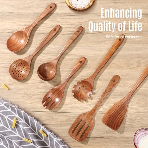 7 PCS Wooden Spoons for Cooking Natural Teak Kitchen Utensils Set - Image 7
