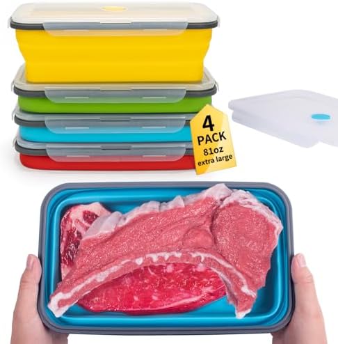 Extra Large Collapsible Food Storage Containers with Lid & Air Vent, 81 oz, 4 Pack, XXL Collapsible Marinade Container BBQ Prep Foldable Silicone Containers, Microwave Freezer Dishwasher Safe by Annaklin