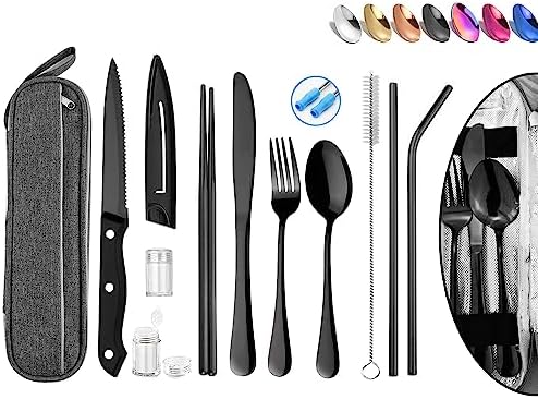 Portable Reusable Travel Utensils Silverware with Case,Travel Camping Cutlery set,Chopsticks and Straw, Flatware Cutlery with Case, Stainless steel Utensil set Top (Black) by HOMMALY