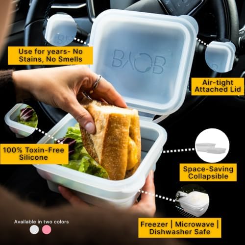 BYOB Collapsible Silicone Food Containers with Attached Lids – Reusable To-Go & Leftover Containers, Platinum Silicone, Leak-Resistant – 4 Pack (White/Pink) - Image 7